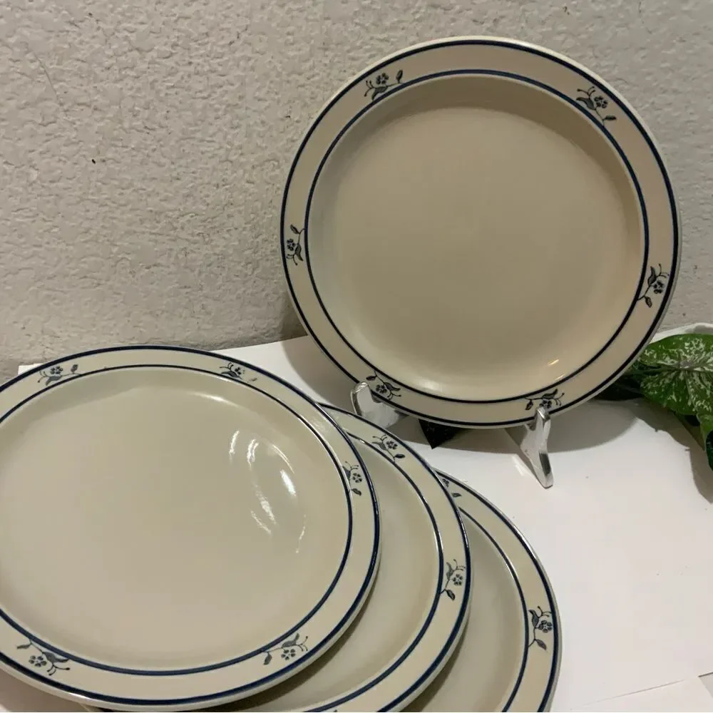 SCANDIA Blue DINNER PLATES Set Stoneware Floral Flowers Dishes  4 Brickoven G3